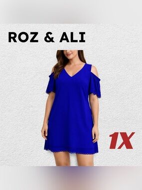 🇺🇸👌VGUC ROZ & ALI | 1X | Casual Chic Blue Cold shoulder Trapeze mini dress